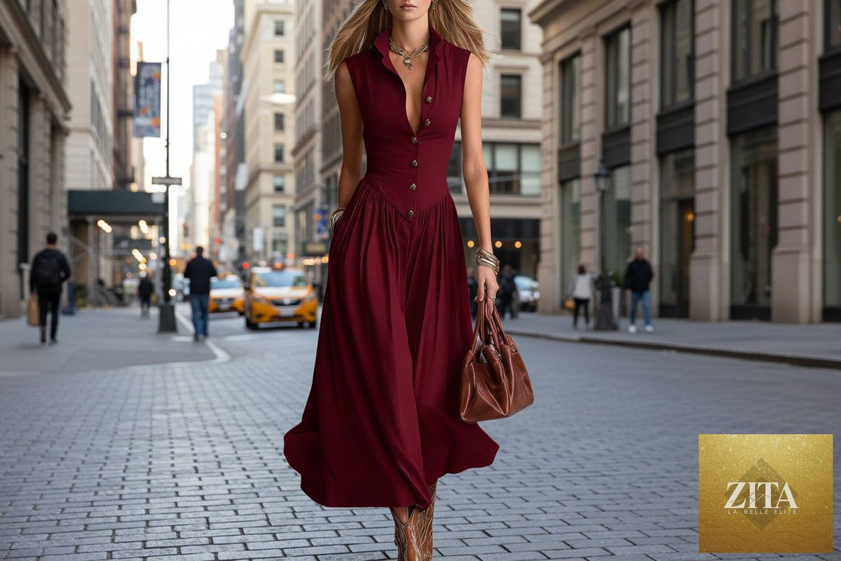 Women's sleeveless lapel collar maxi dress by FitiqueFit, slim fit patchwork casualwear with a stylish, relaxed design.