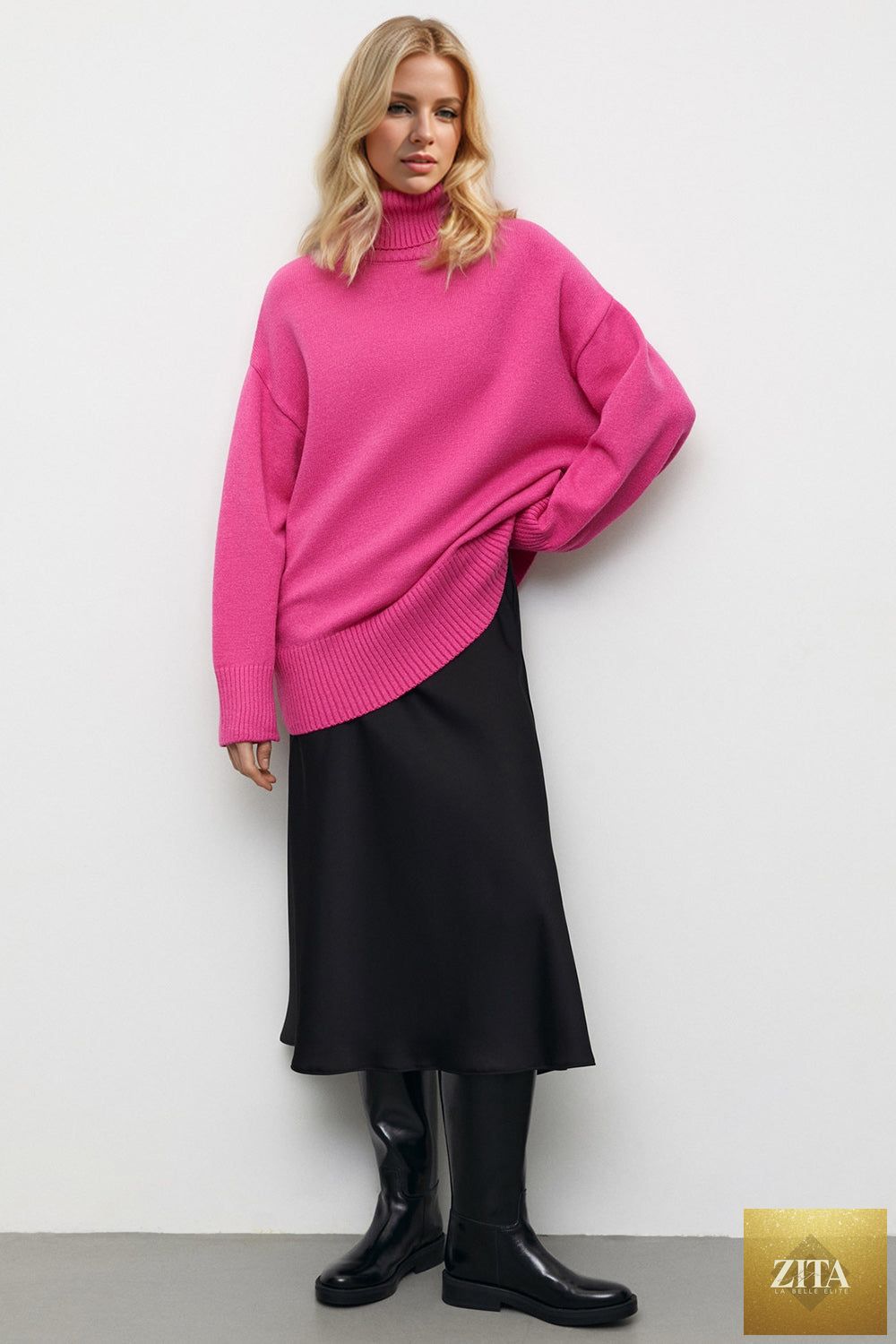 ShopBasicbae Basic Bae turtleneck sweater with dropped shoulders, long sleeves, and a cozy, fitted design in neutral color.