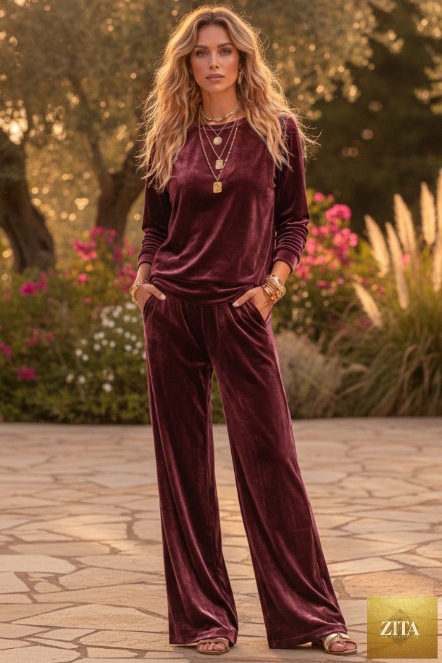 Women's Velvet Two-Piece Lounge Set – Round Neck Top & Wide-Leg Pants