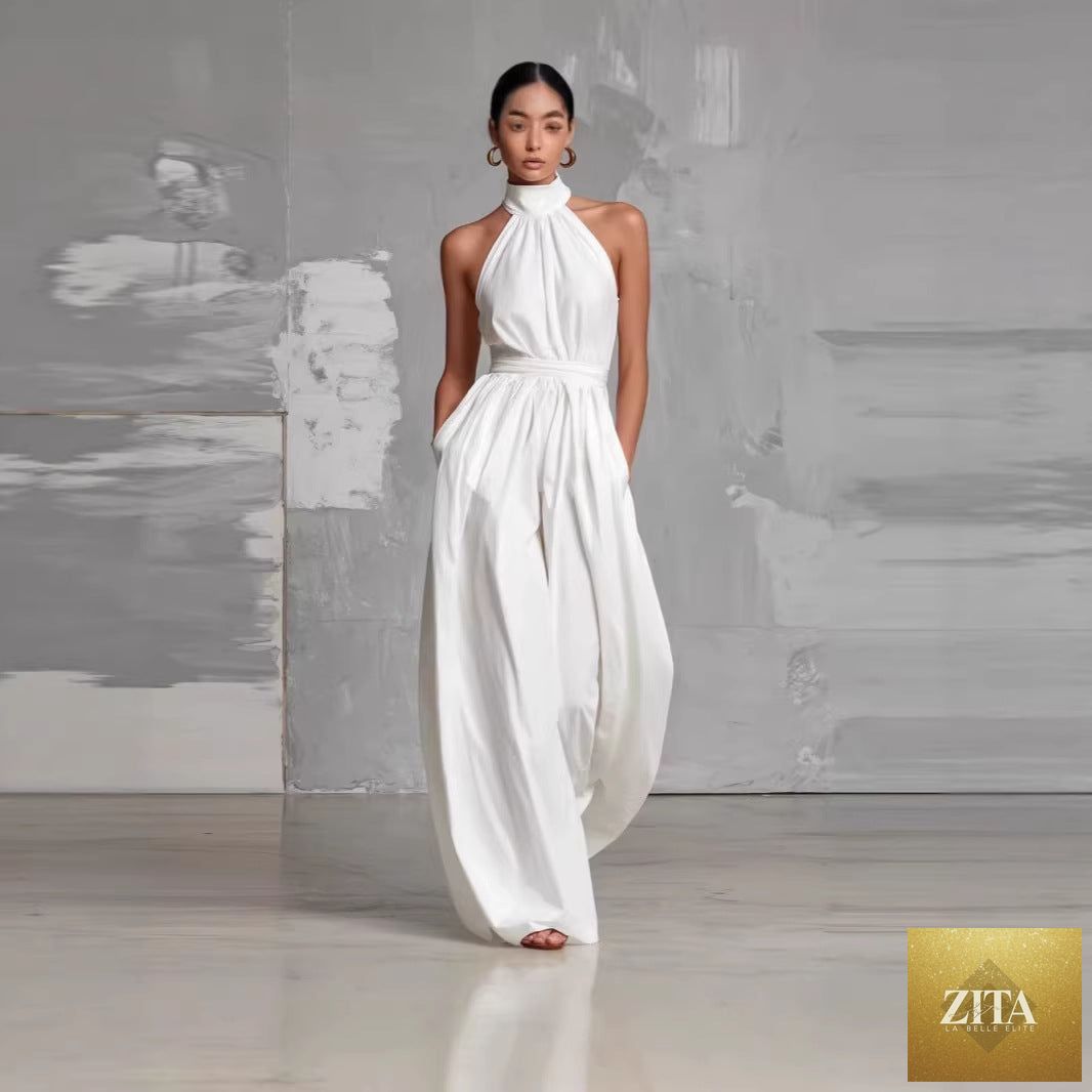 Women's high-waist belted pleated sleeveless jumpsuit by Zita La Belle Elite, casualwear with cinched waist and stylish pleats.