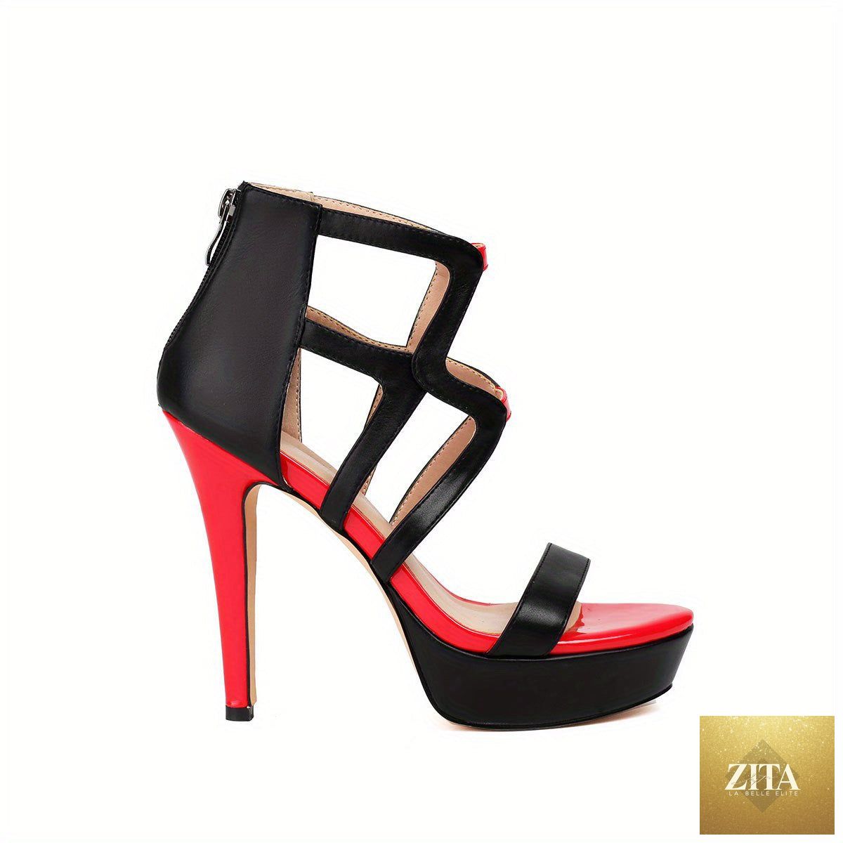 Black and red platform heels with bold strappy design for women, stylish Trendy Attic Store01 women’s shoes.