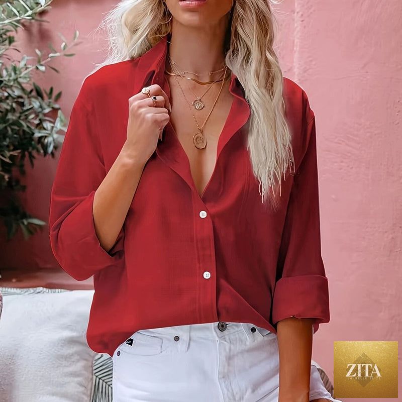 Zita La Belle Elite simple button front long sleeve casual shirt top in a classic design, shown in a relaxed fit.
