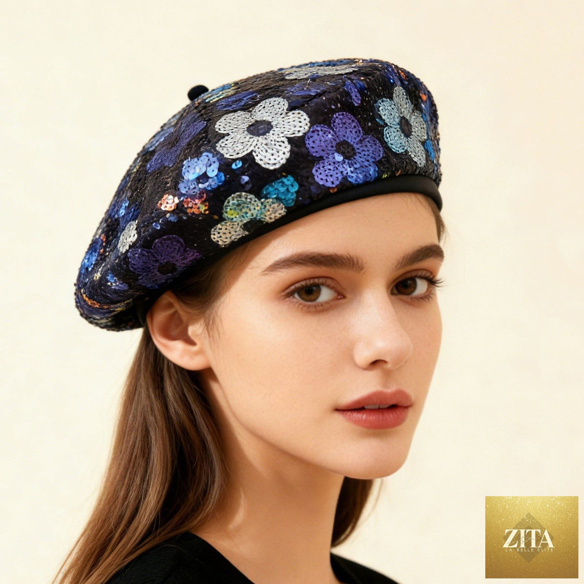 Zita La Belle Elite sequin flower beret hat for women, stylish painter’s hat with colorful sequins, perfect for outdoor or everyday wear.