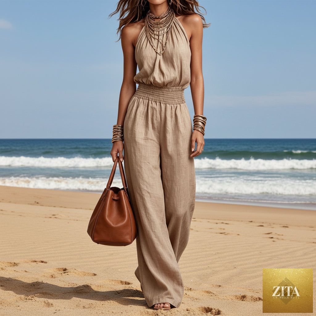 Women's sleeveless backless lace-up halter wide-leg jumpsuit by Zita La Belle Elite, featuring casualwear style and flowy wide-leg design.