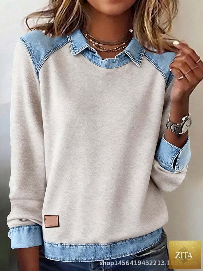 Women’s casual denim collar patchwork pullover knitwear top by FitiqueFit, featuring a street style design and cozy knit fabric.