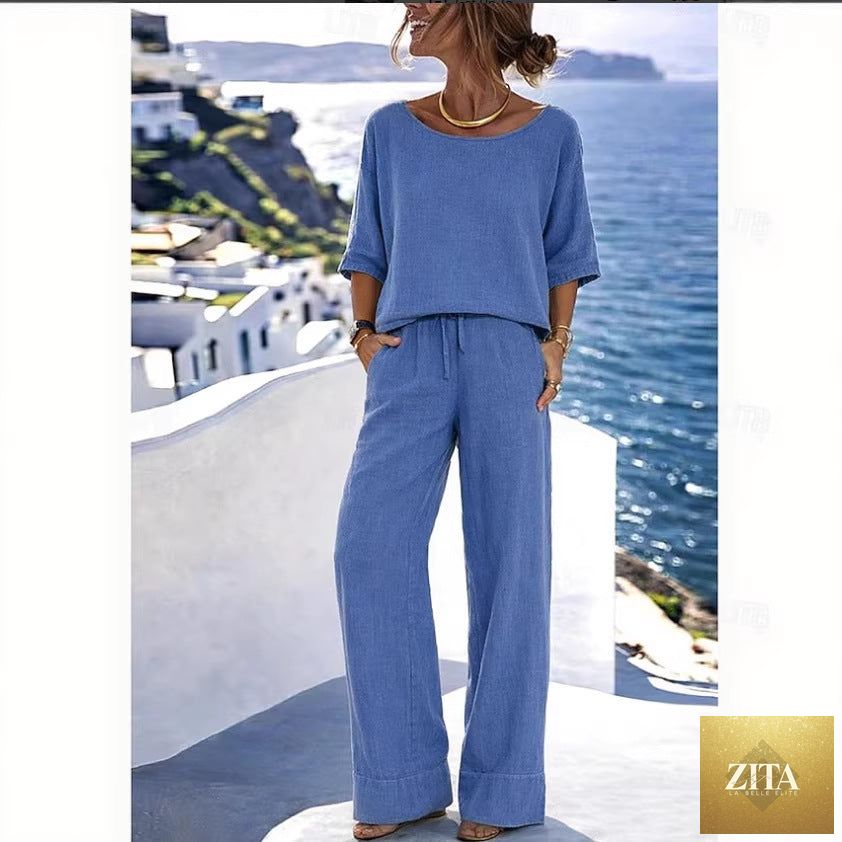 Women's cotton linen resort set by Zita La Belle Elite with short sleeve top and wide-leg pants, perfect for casual summer wear.