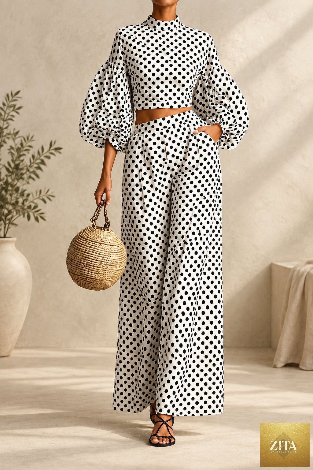 Women's 2-Piece Polka Dot Set – Lantern-Sleeve Mock-Neck Crop Top & High-Waisted Wide-Leg Trouser