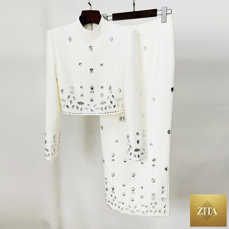 Zita La Belle Elite heavy industry beads diamond-inlaid short top and long skirt outfit, detailed with sparkling embellishments.
