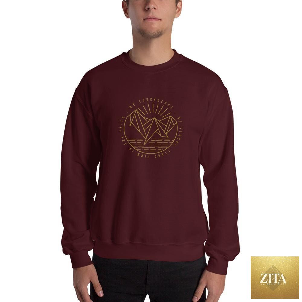 Maroon Christian crewneck sweatshirt by FACT goods with inspirational "Be Courageous, Be Strong, Stand Firm in the Faith" text.