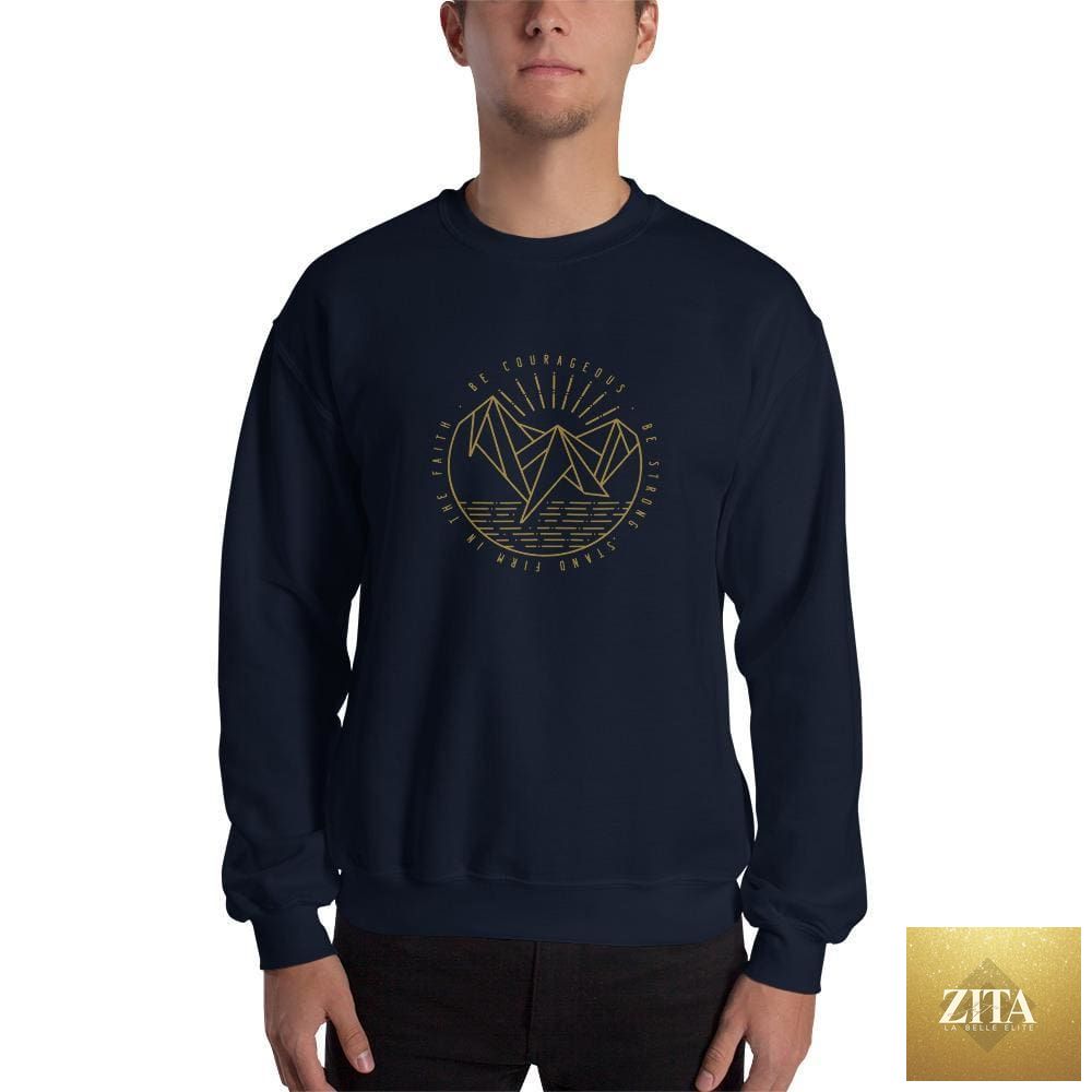 Navy Christian crewneck sweatshirt by FACT goods featuring the inspirational message "Be Courageous, Be Strong, Stand Firm in the Faith."