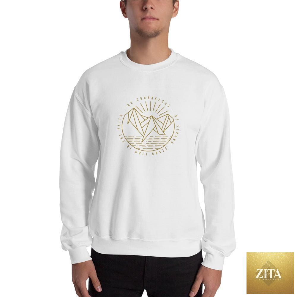 White Christian crewneck sweatshirt by FACT goods with inspirational "Be Courageous, Be Strong, Stand Firm in the Faith" text.