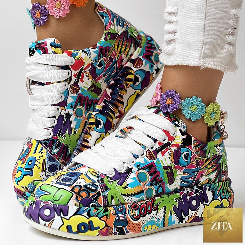 Women's round-toe thick-sole lace-up sneakers by FitiqueFit with casual printed design, showcasing stylish footwear for everyday wear.
