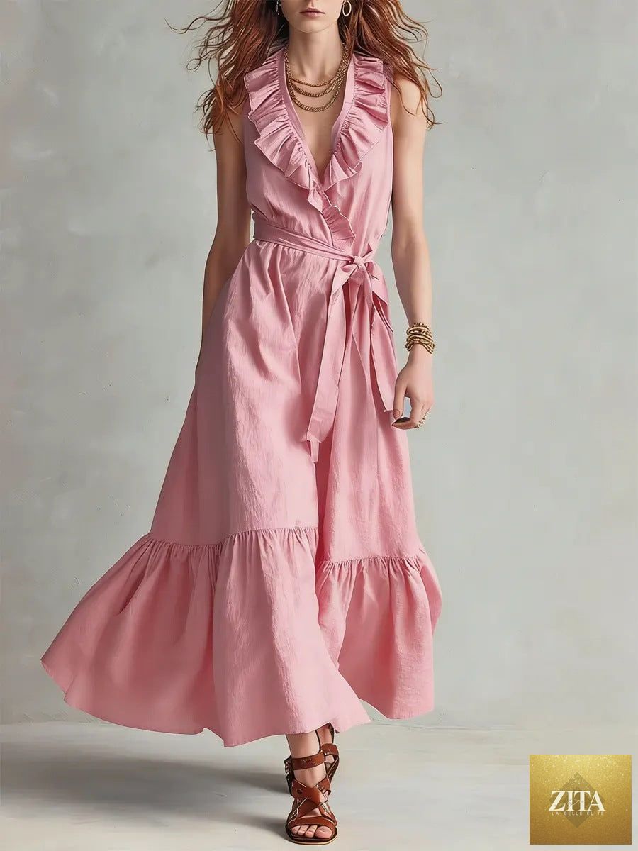 Women's FitiqueFit sleeveless V-neck maxi dress with lace-up panel details and wide flare, casualwear style, shown in flowing fabric.