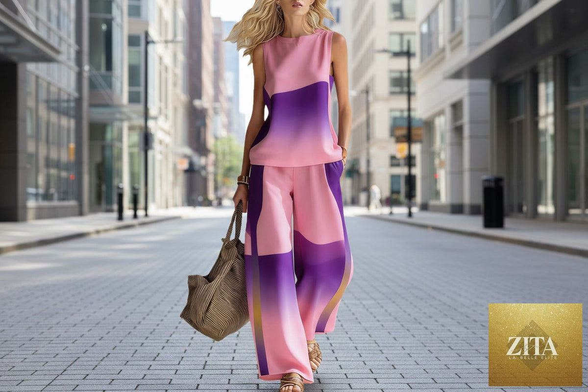 Women's sleeveless printed tank top and wide-leg pants two-piece casualwear set by Zita La Belle Elite, shown on a model.
