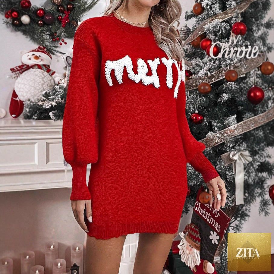 Women’s knitted Christmas lantern-sleeve pullover sheath by FitiqueFit featuring a round neck and festive holiday style.