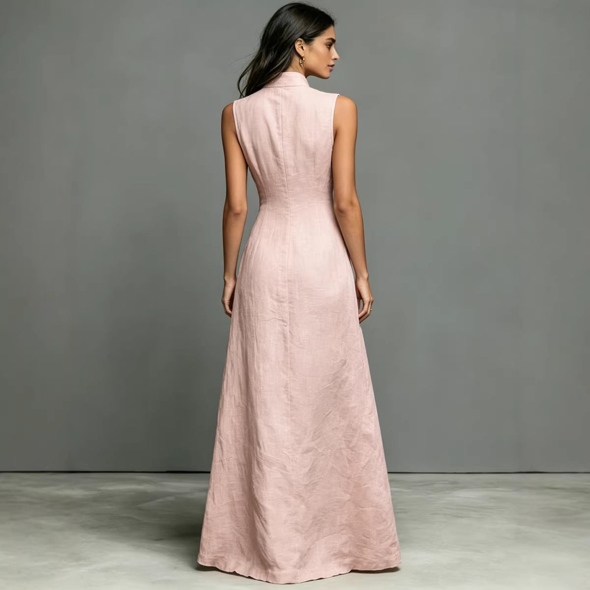 Women's FitiqueFit sleeveless midi dress with stand collar and single-breasted design, perfect for casualwear.