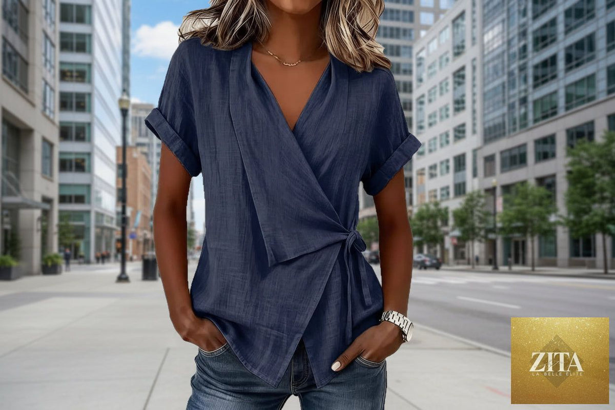 Women's casual linen top with lapel collar and lace-up front from Zita La Belle Elite, short-sleeve and relaxed fit.