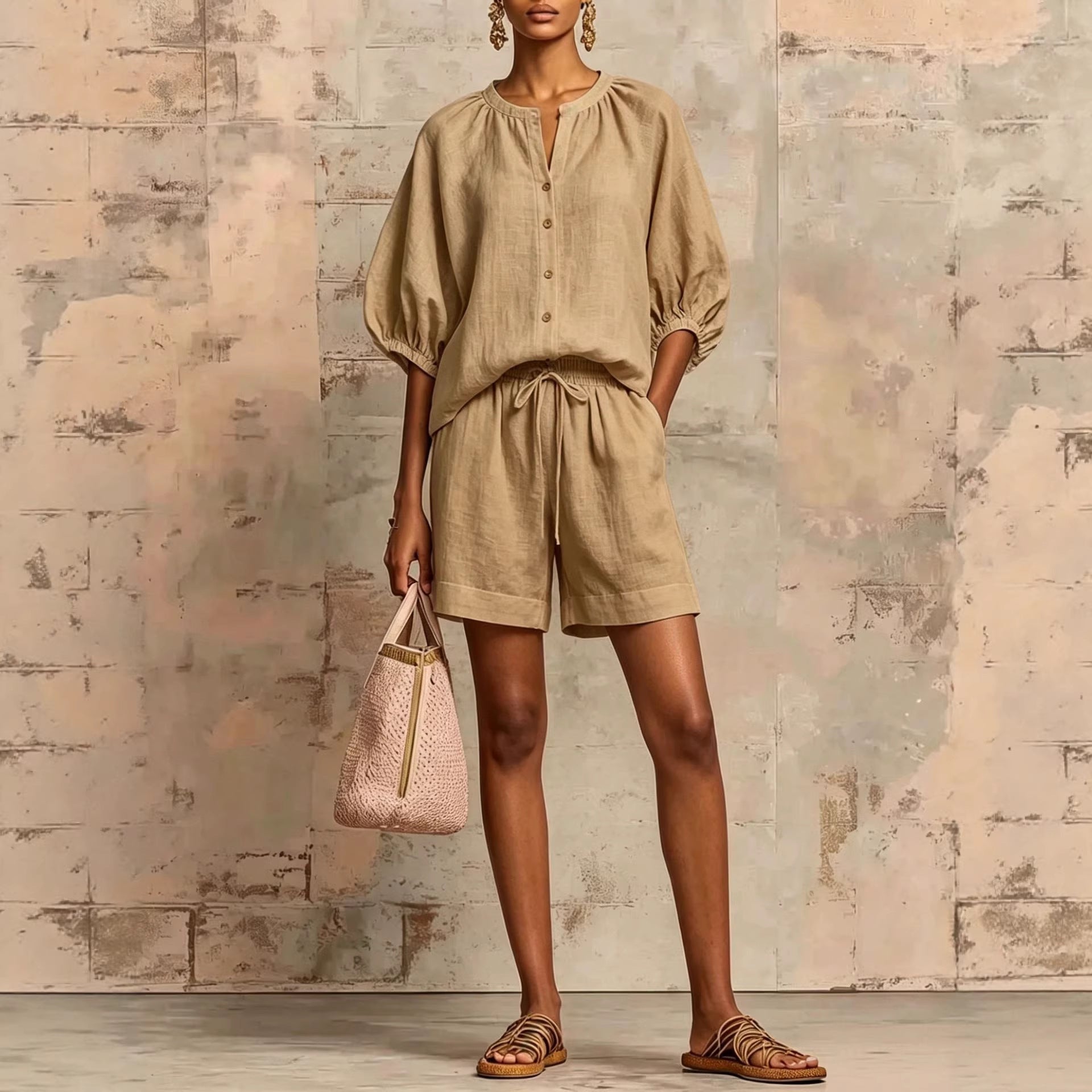 Women's Bubble-Sleeve Top & Drawstring Shorts Set