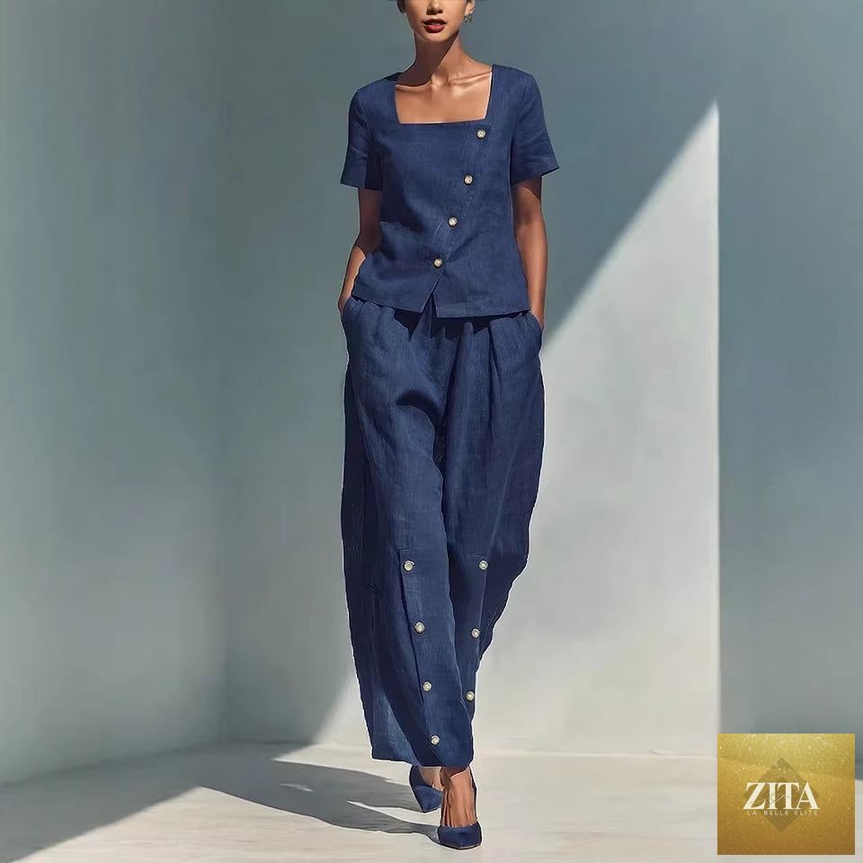 Plus size women's casualwear set by Zita La Belle Elite featuring a loose short-sleeve top and high-waist pants.