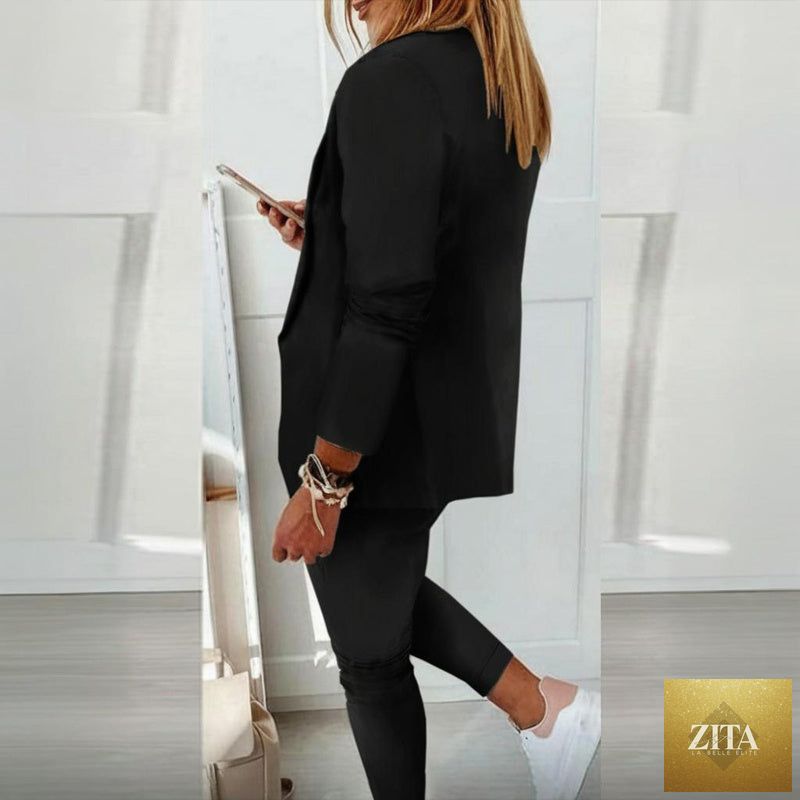 Women’s casual blazer and drawstring pants suit set by FitiqueFit, featuring notch-lapel blazer and matching comfortable pants.
