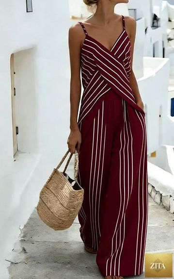 Women's striped V-neck sleeveless two-piece casualwear set by FitiqueFit, featuring a stylish V-neck top and matching bottoms.