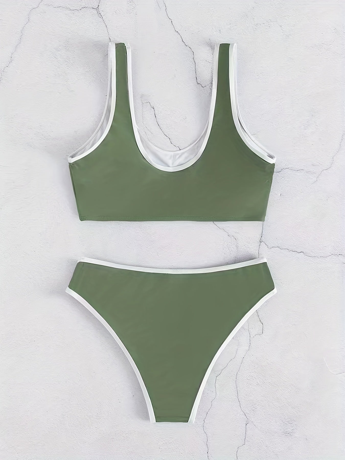 Stevvex bikini set with scoop neck, contrast trim, scallop edge detail, and matching swim briefs in solid color for beach and pool days.