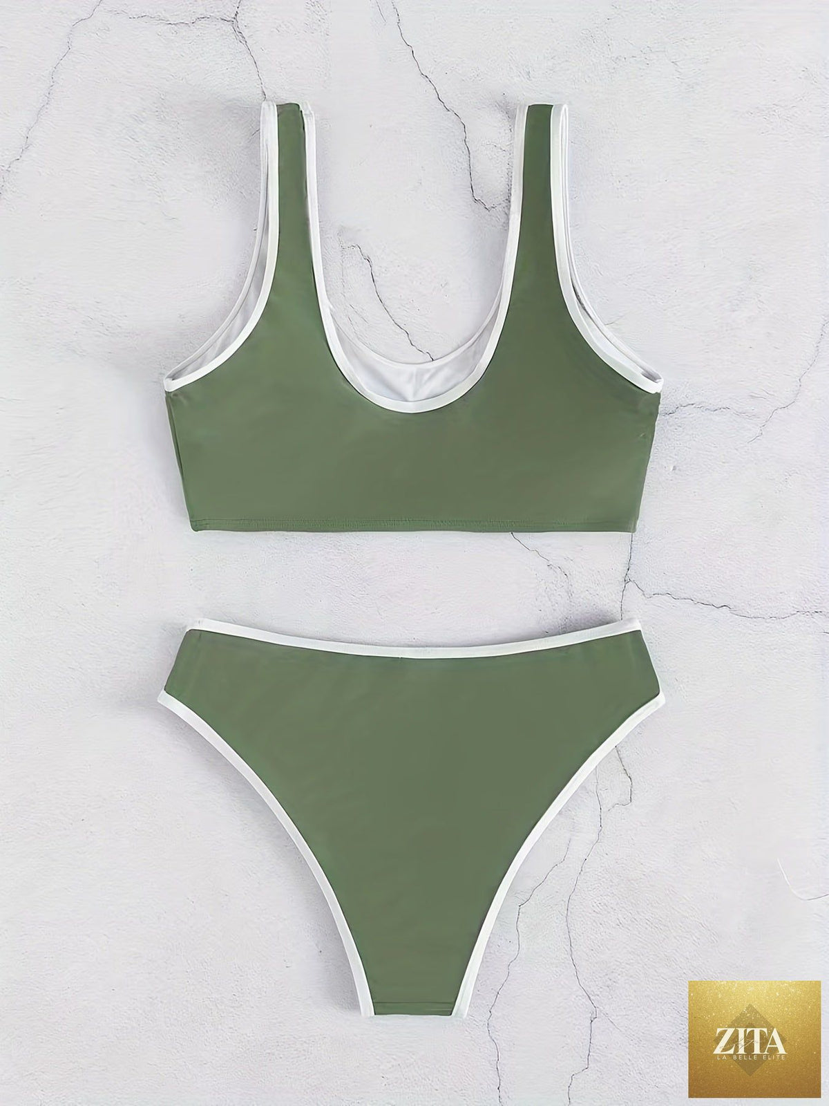 Stevvex women's bikini set with scoop neck, contrast trim, scallop edge detail, and matching swim briefs in solid color for beach and pool.
