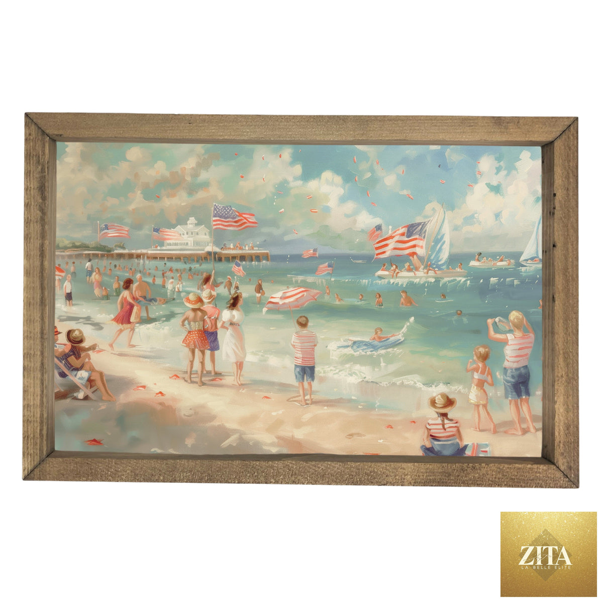 Americana Beach framed art by 12timbers featuring a coastal beach scene with sand, ocean, and sky in a decorative frame.
