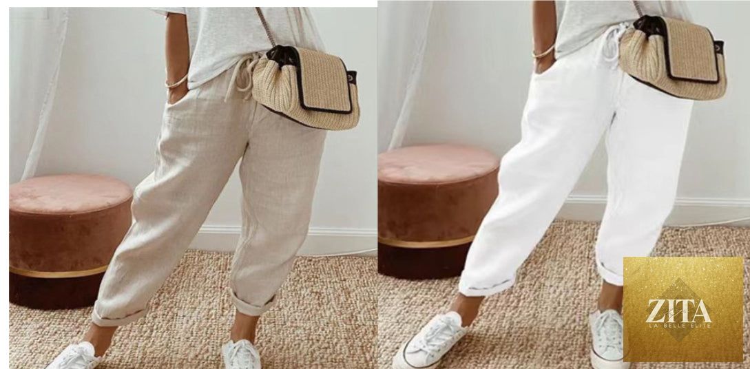 Women’s cotton linen casual pants in solid color, relaxed fit, from FitiqueFit, suitable for comfortable everyday wear.