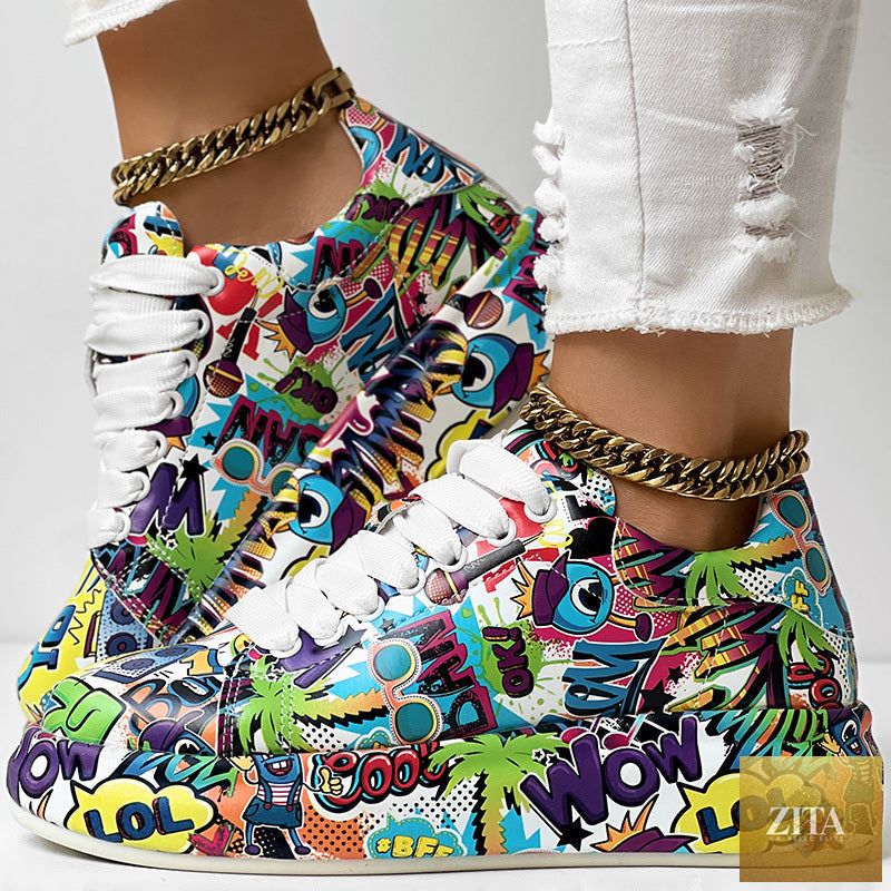 Women's FitiqueFit round-toe thick-sole lace-up sneakers with casual print, stylish footwear for everyday comfort and fashion.