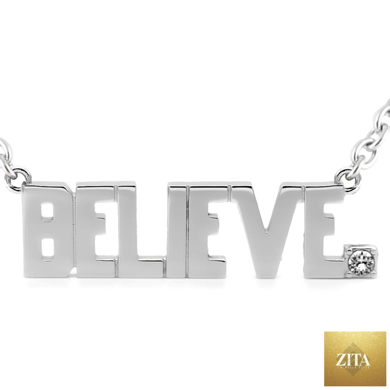 Believe block letter necklace by BandsCo Straps with Swarovski crystal pendant, featuring sparkling jewelry design.