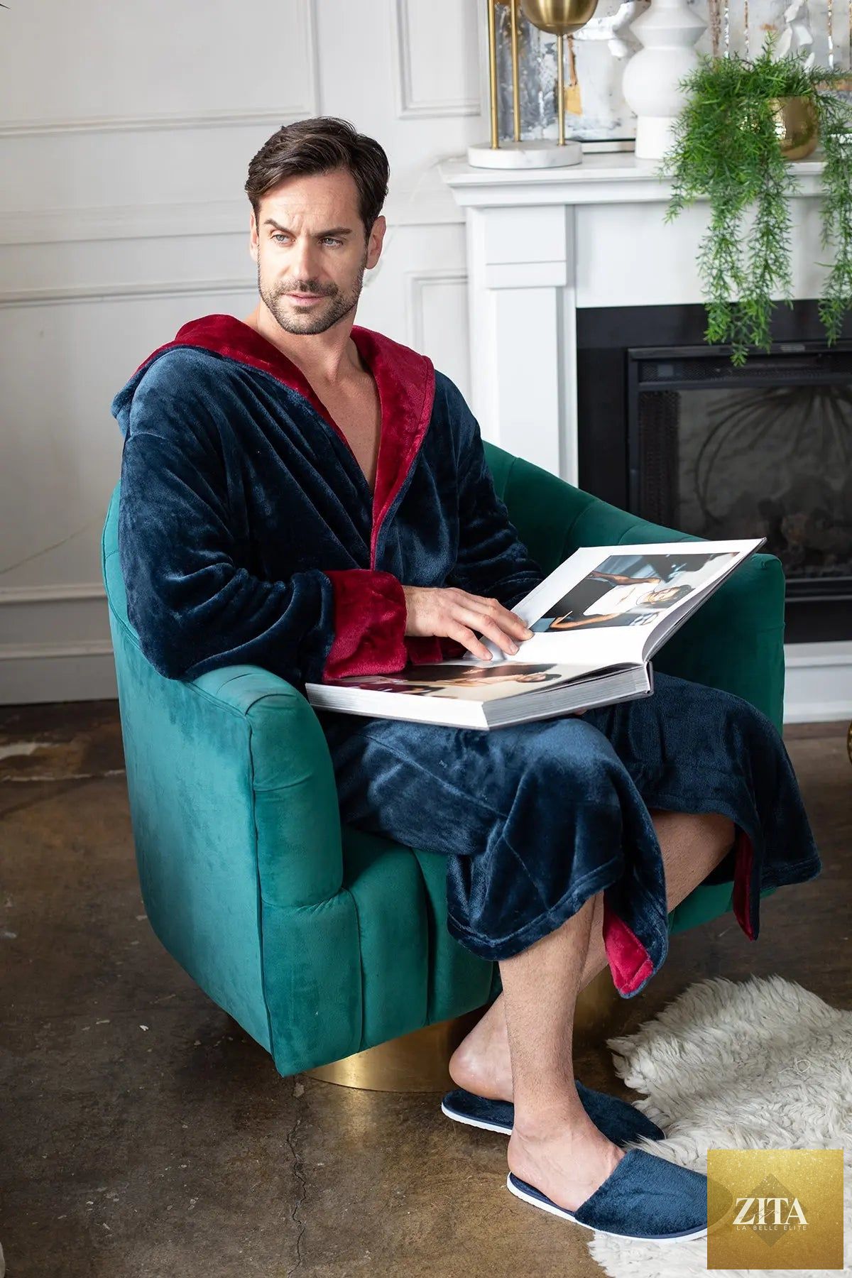 Lotus Linen men's hooded plush robe showing soft, cozy fabric, front view with hood, ideal for comfortable everyday wear.