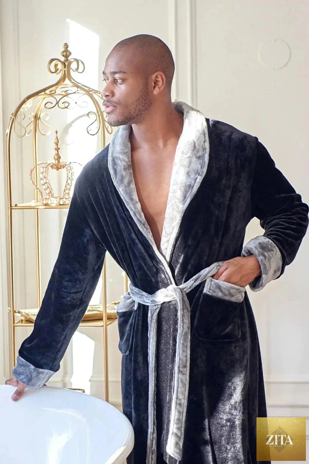 Luxurious men's plush robe by Lotus Linen, showcasing soft, cozy fabric and comfortable fit perfect for lounging.