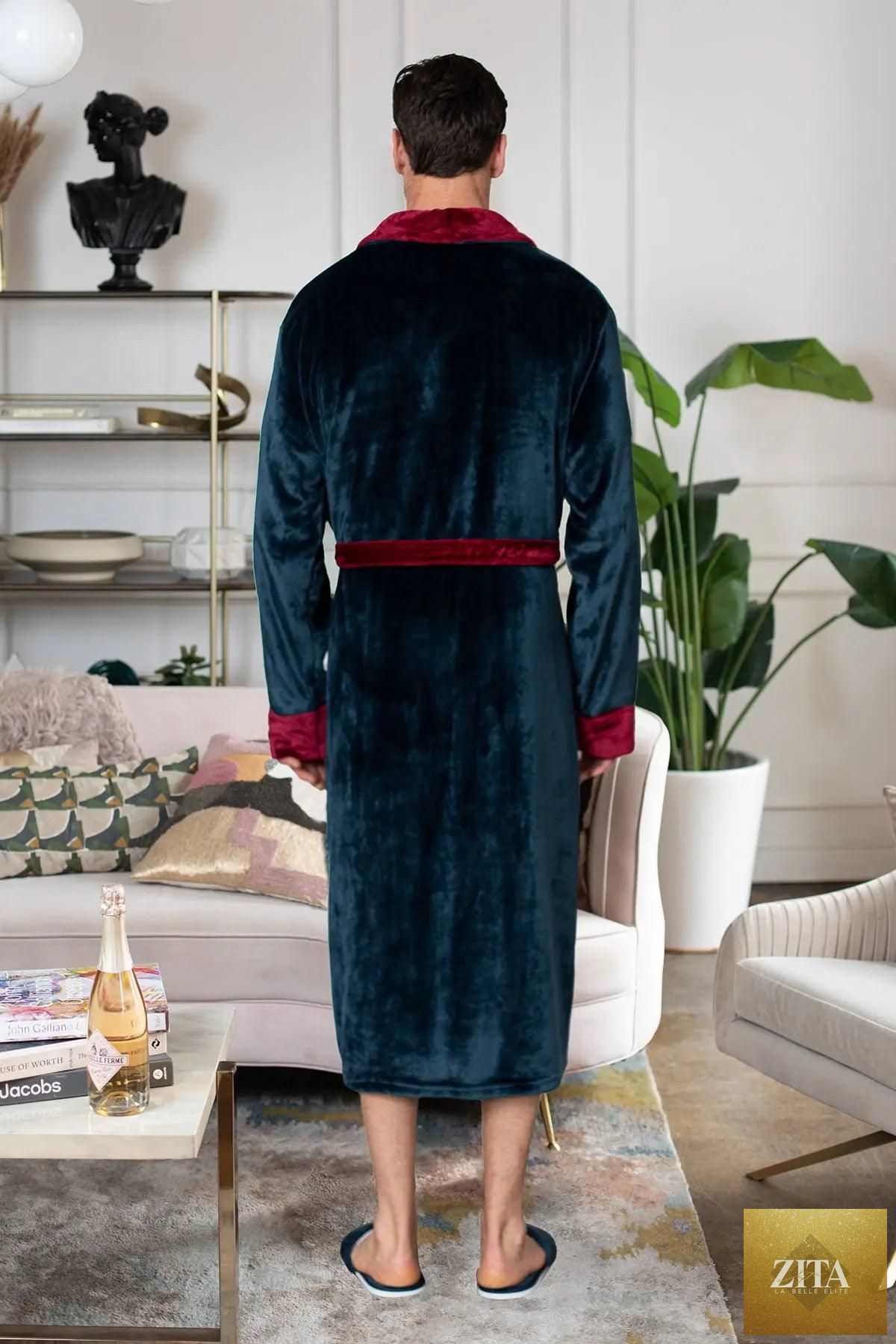 Lotus Linen men's plush robe with soft, thick fabric, cozy fit, and detailed collar, perfect for relaxing at home.