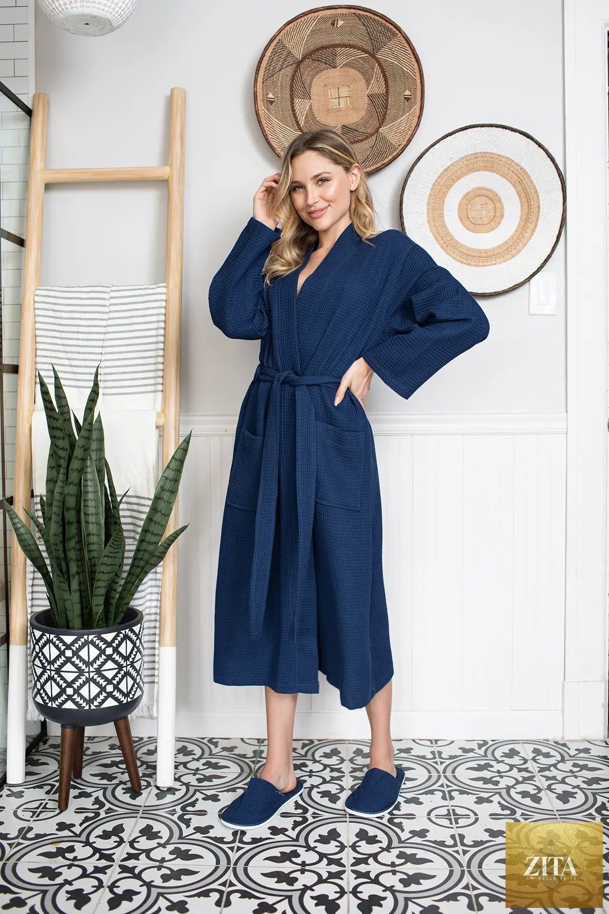 Lightweight Lotus Linen women's waffle robe with quick-dry spa comfort, shown in a cozy, textured fabric design.