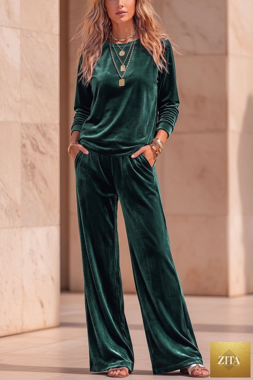 Women's Velvet Two-Piece Lounge Set – Round Neck Top & Wide-Leg Pants