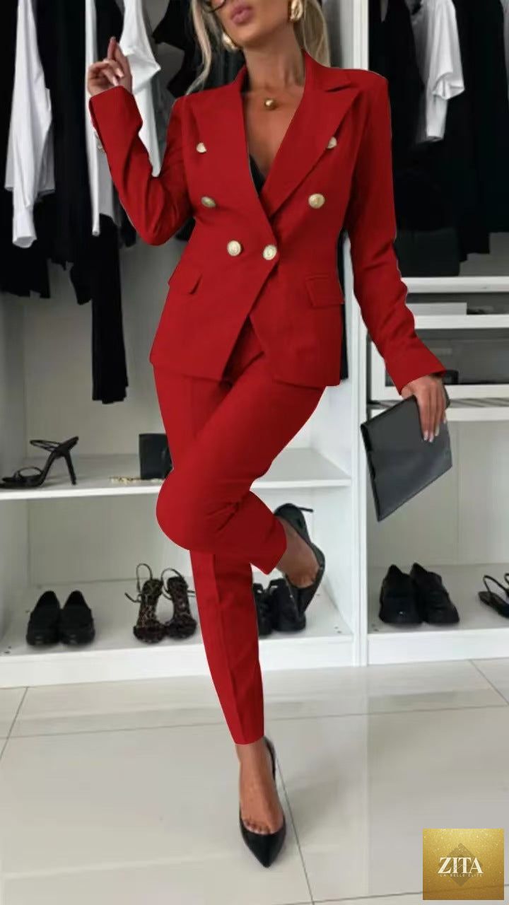 FitiqueFit double-breasted lapel blazer and zip-up trousers two-piece set, stylish office or casual wear ensemble.