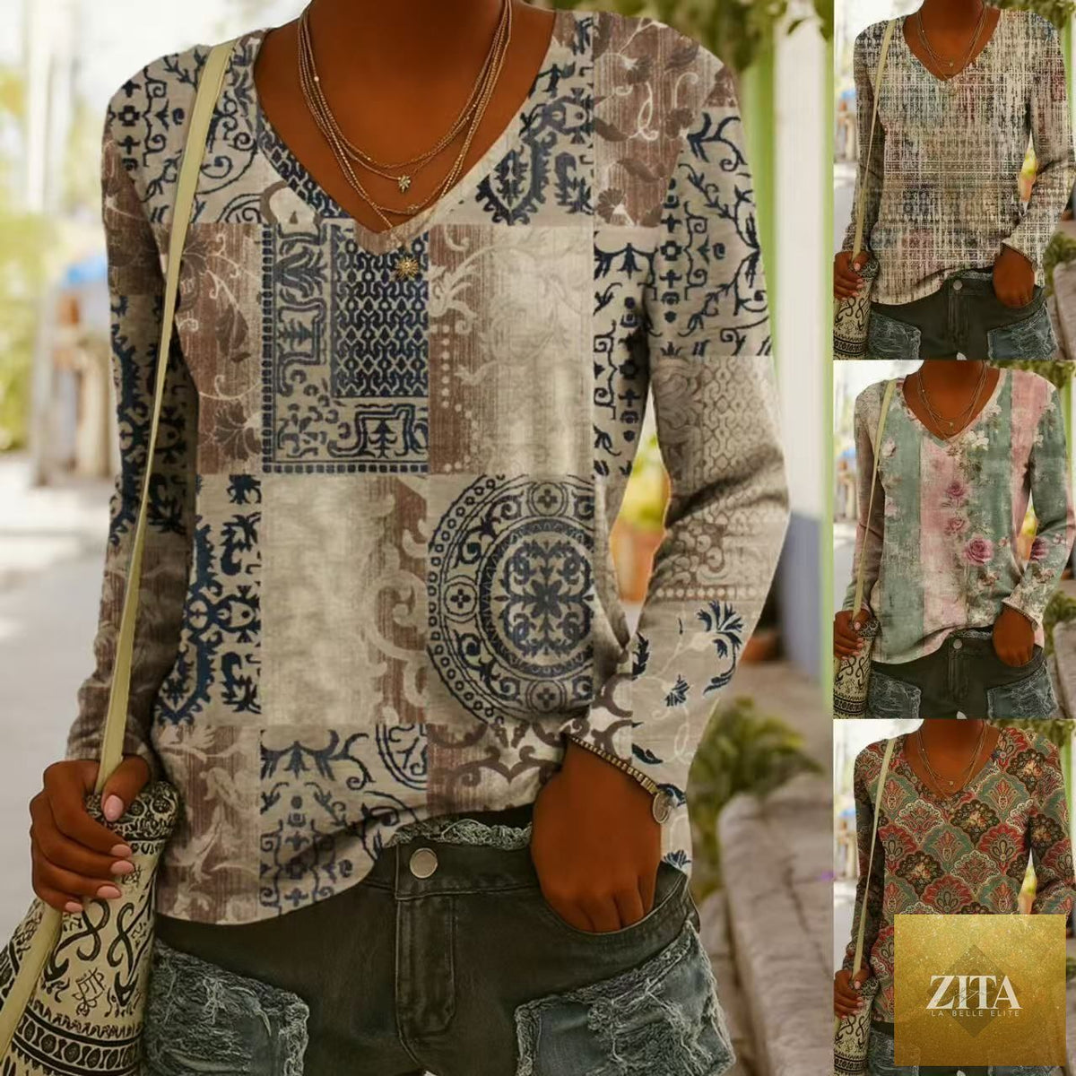 Women's ethnic print V-neck long-sleeve pullover top by Zita La Belle Elite, with vibrant patterns and comfortable fit.