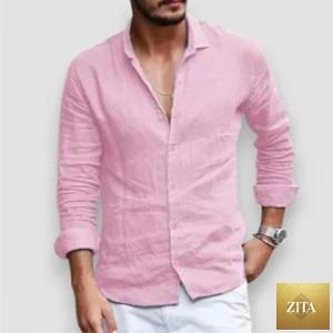 Mandotos men's casual long sleeve shirt with loose fit, solid color, lapel collar, button front, plus size blouse style.