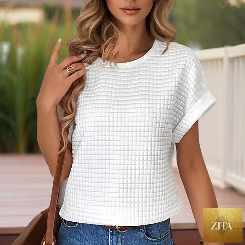 Women’s textured cuff short-sleeve tee by FitiqueFit, casualwear with a relaxed fit and subtle textured fabric detail.