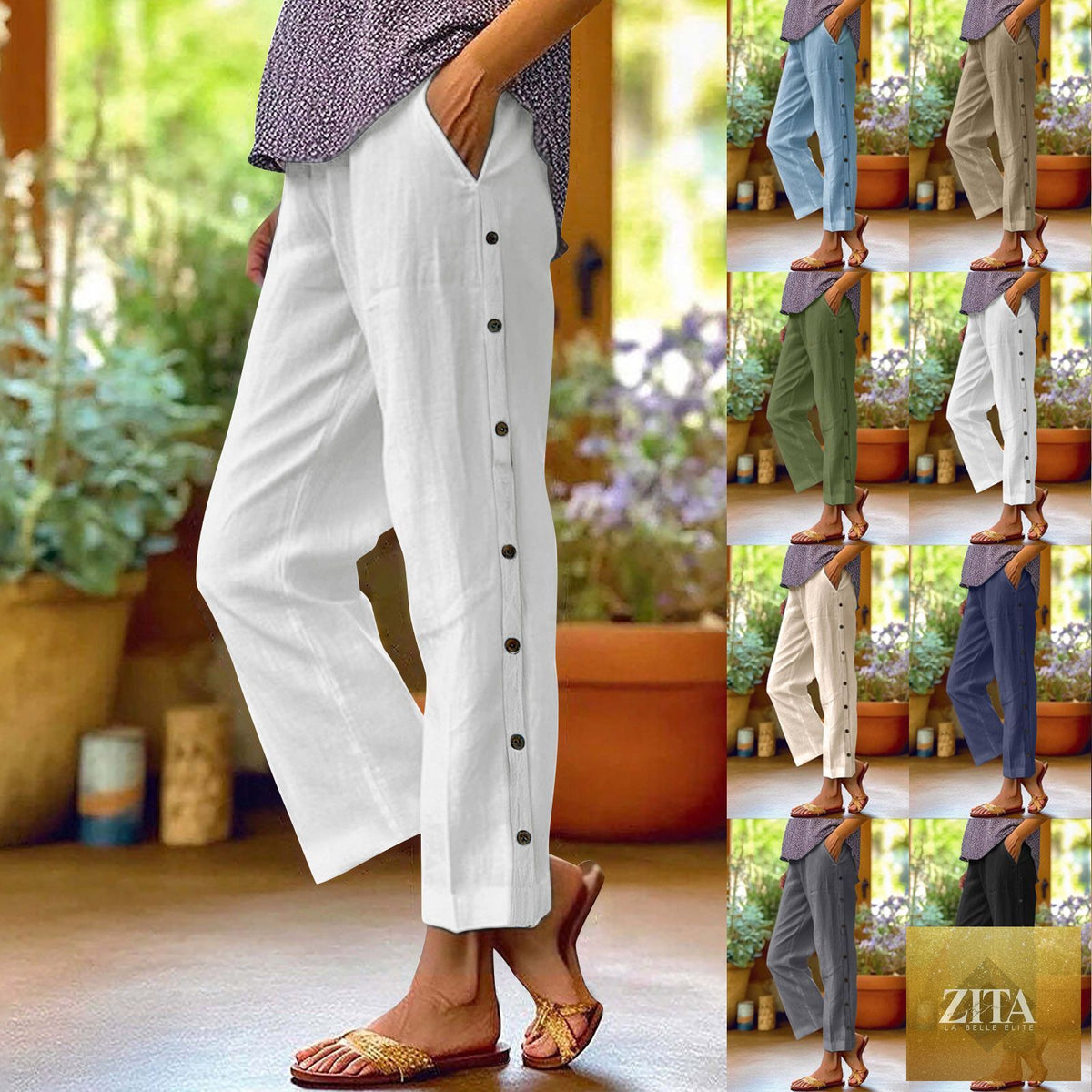 Zita La Belle Elite casual cropped pants with decorative buttons along side seams, stylish and comfortable for everyday wear.