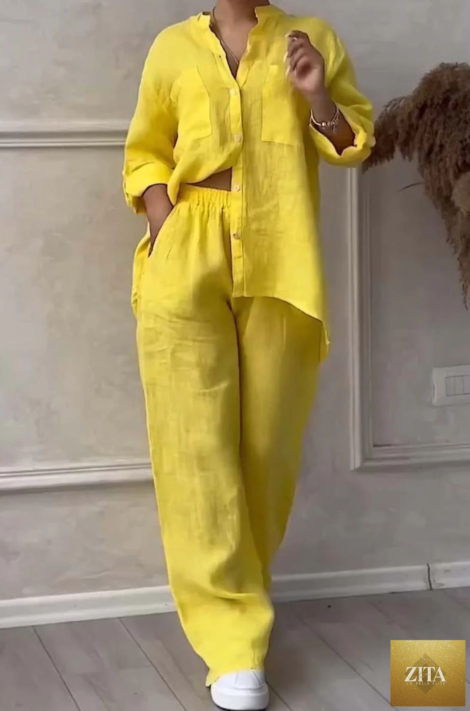Zita La Belle Elite wide-leg pants and lace-up top two-piece set in solid color, available in 12 colors, size S–5XL.