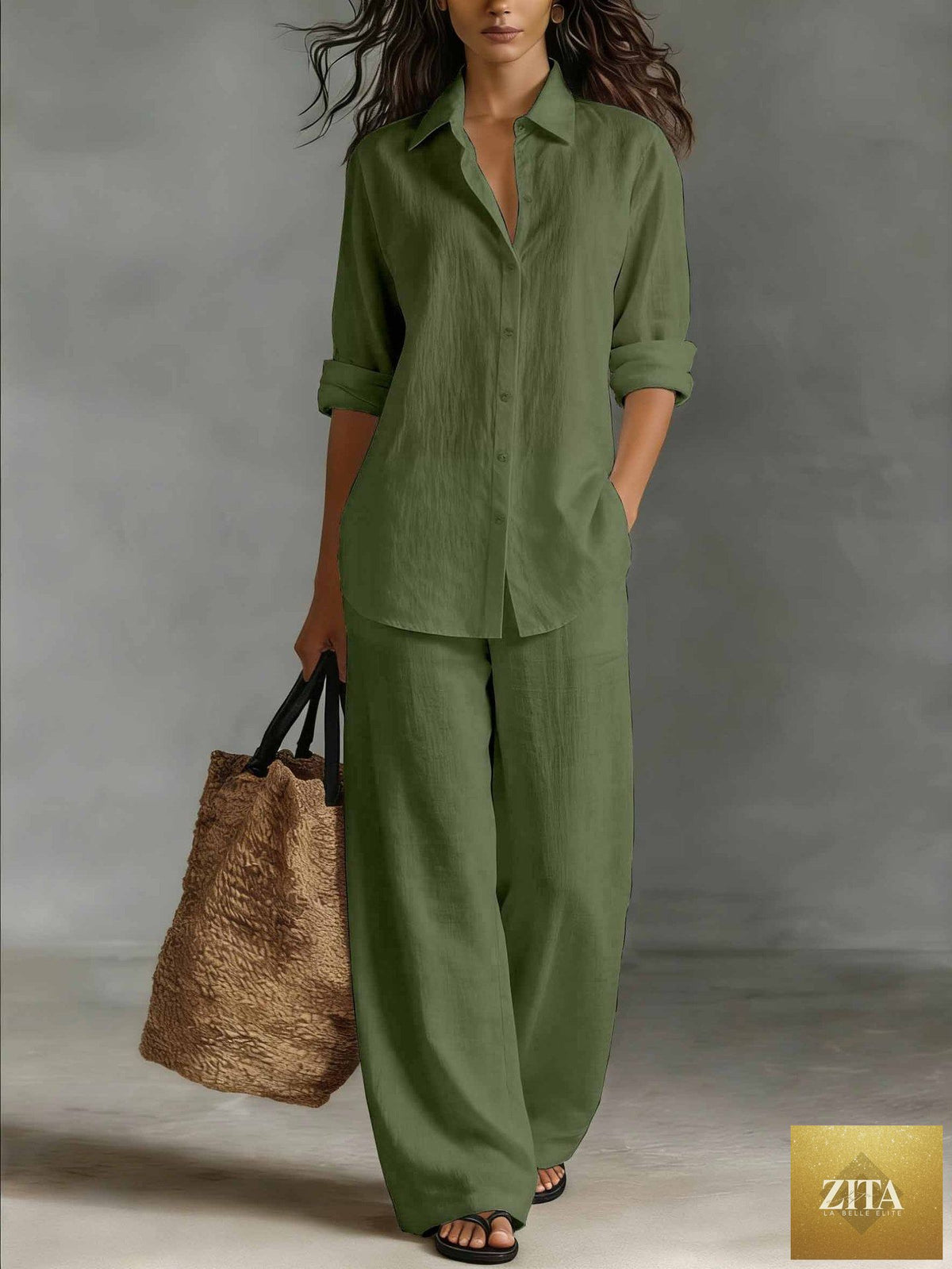 Women's bohemian cotton-linen top and pants set by Zita La Belle Elite, casual resort lounge co-ord, relaxed fit and stylish design.