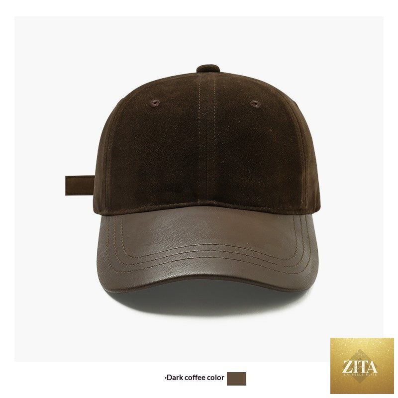 Women's retro suede patchwork baseball cap with leather brim and dome crown, stylish FitiqueFit hat for casual wear.