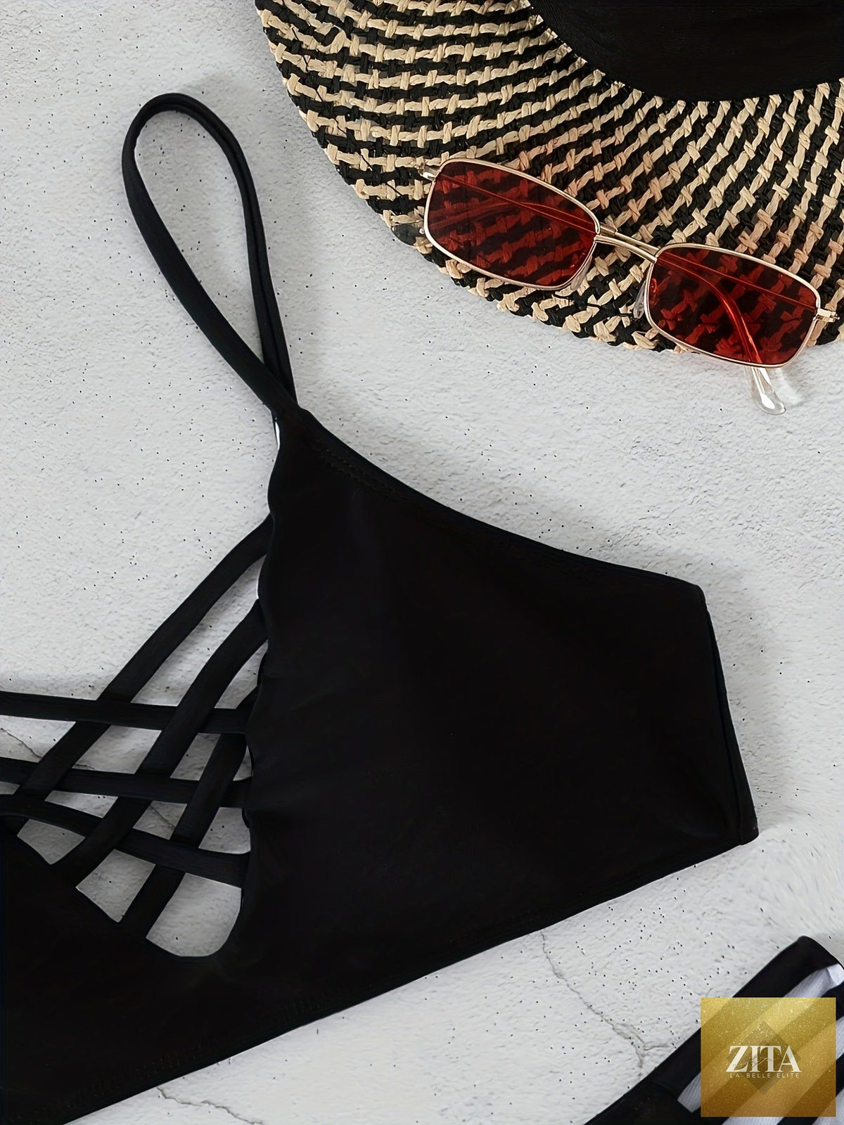 Stevvex Noir Allure criss cross bikini set for women, high waist with buckle detail, hollow out design, adjustable spaghetti straps, swimwear.