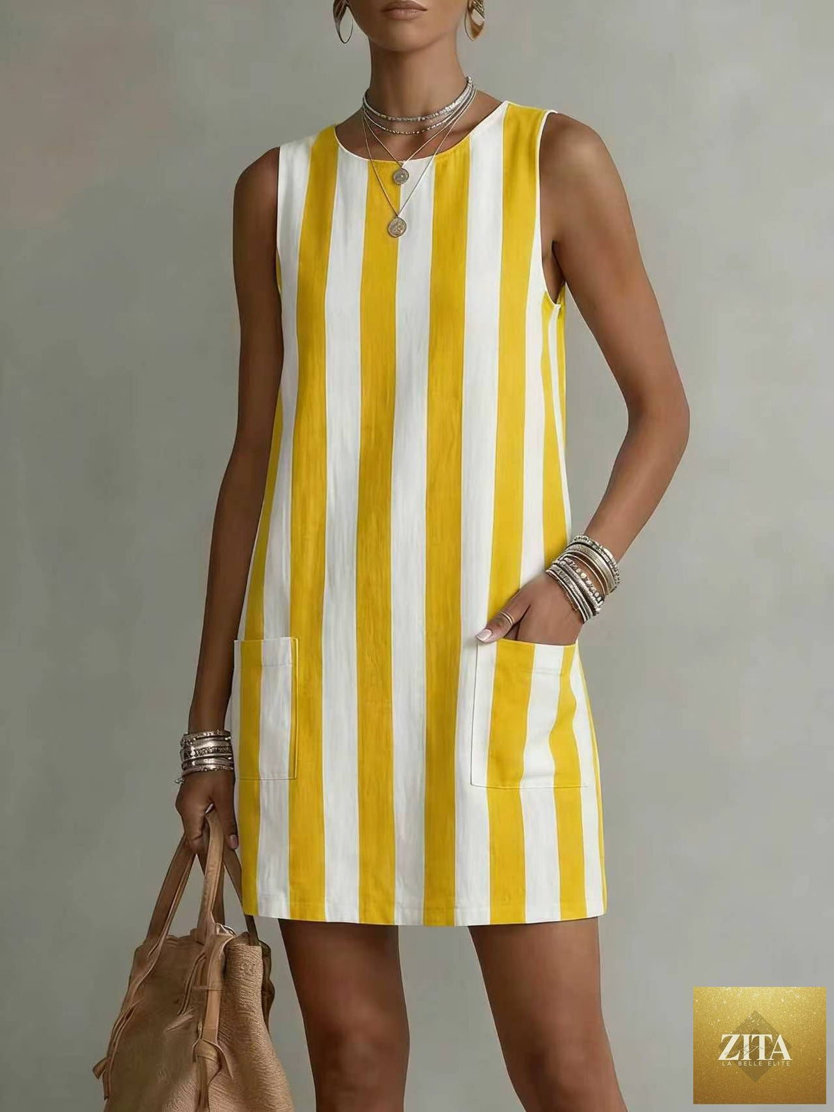 Women's striped color-block sleeveless mini dress by FitiqueFit, featuring a loose fit and casual style perfect for warm weather.
