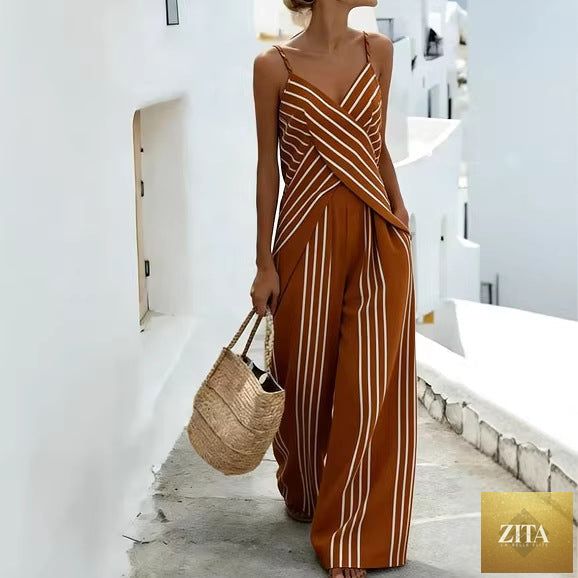 Women's striped V-neck sleeveless two-piece casualwear set by FitiqueFit, featuring a fitted top and matching shorts in a stylish pattern.