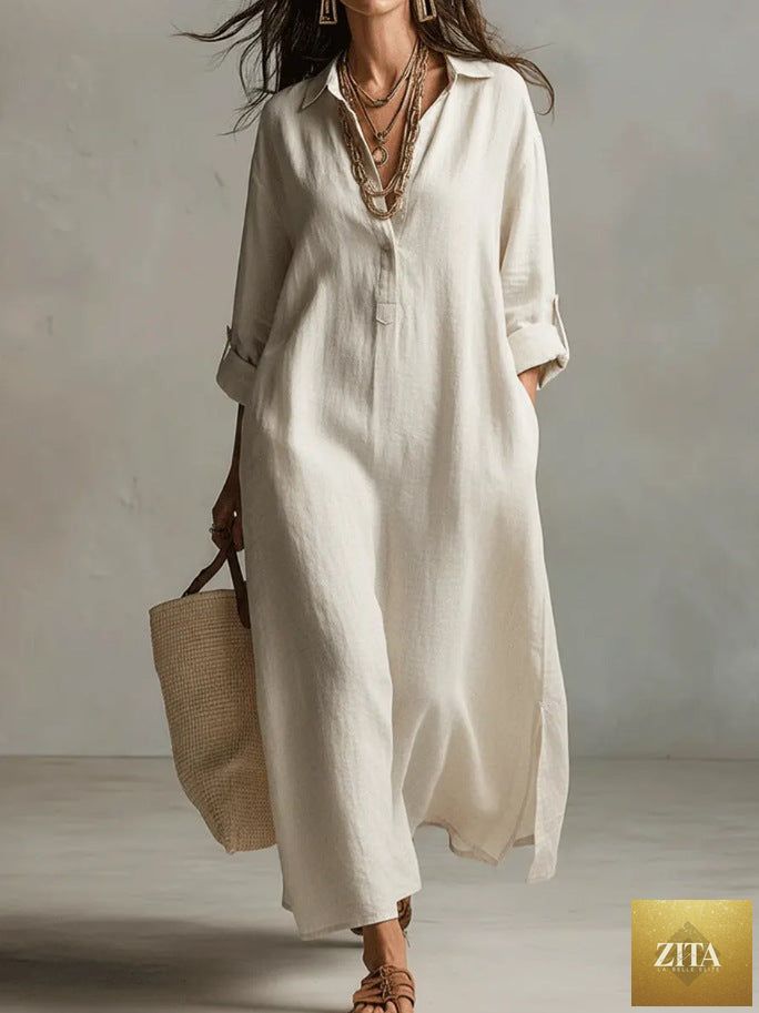 Women's linen shirt dress by Zita La Belle Elite, casual long-sleeve relaxed fit dress with a comfortable, stylish silhouette.
