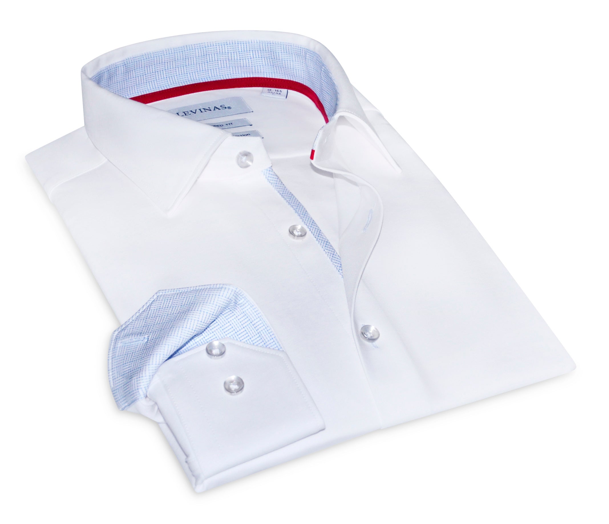 White Kenneth cotton knit-stretch button-up shirt with contrast details, tailored fit, from LEVINAS® Official, shown on a hanger.