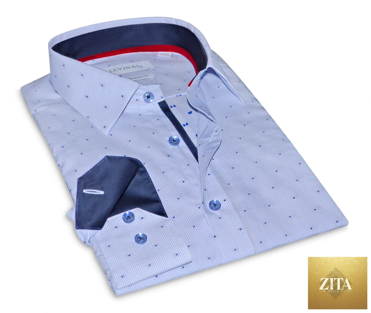 Levinás® navy stripe button-up shirt with contrast details, contemporary fit, long sleeves, and classic collar.
